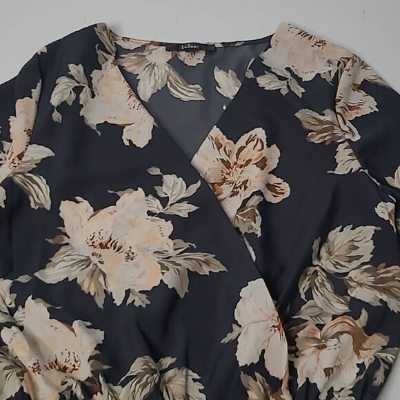 S LULU'S BLACK TAN FLORAL  LONG SLEEVE STRETCH WAIST ROMPER W/ POCKETS SMALL - Picture 13 of 16